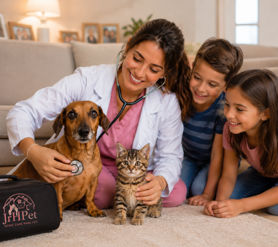 Veterinária atendendo cachorro e gato em casa com família